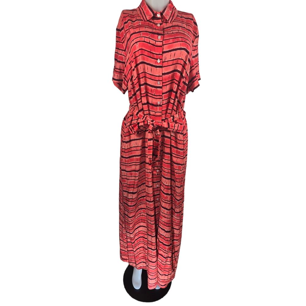 Eloquii Shades Of Orange Burgundy Strips Shift  Button Up Maxi Belted Dress 16